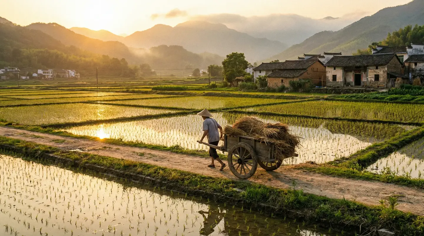 年轻的妈妈电影中字翻译 - 金色夕阳下的乡村田野，老农推着木车行走在田埂上